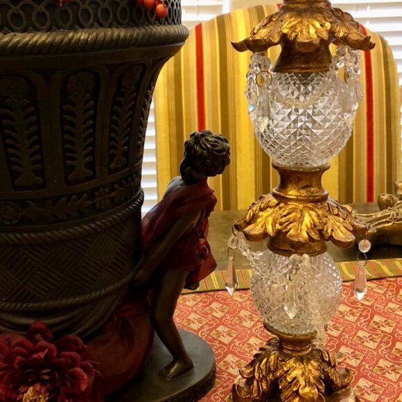 NWT ALEXANDRA'S ACCENTS Pair Antique Gold Cut Crystal Pillar Candle Holders 15" - Picture 10 of 10